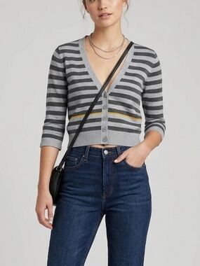 ✨Striped Gray V-Neck Button Cropped Cardigan Sweater - Gray
